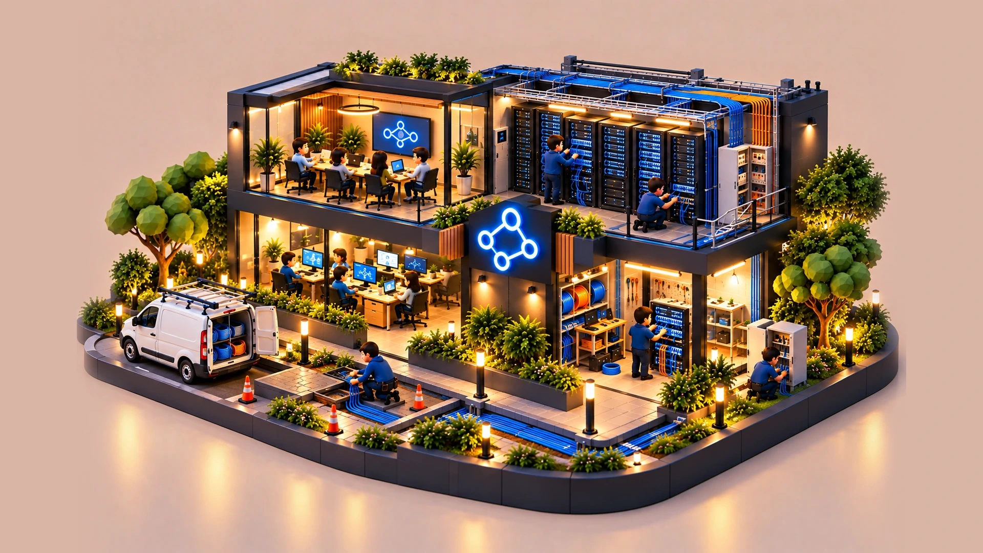Edificio en miniatura con técnicos instalando cableado estructurado y racks de servidores