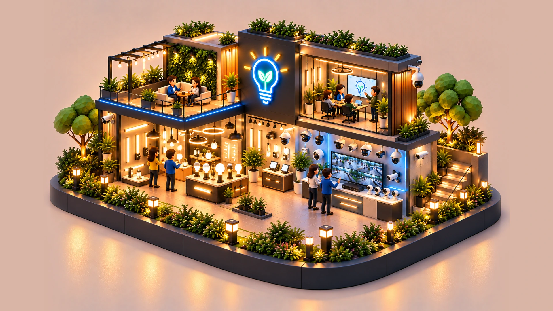 Sala de exhibición en miniatura con lámparas LED, cámaras de seguridad y monitor de videovigilancia