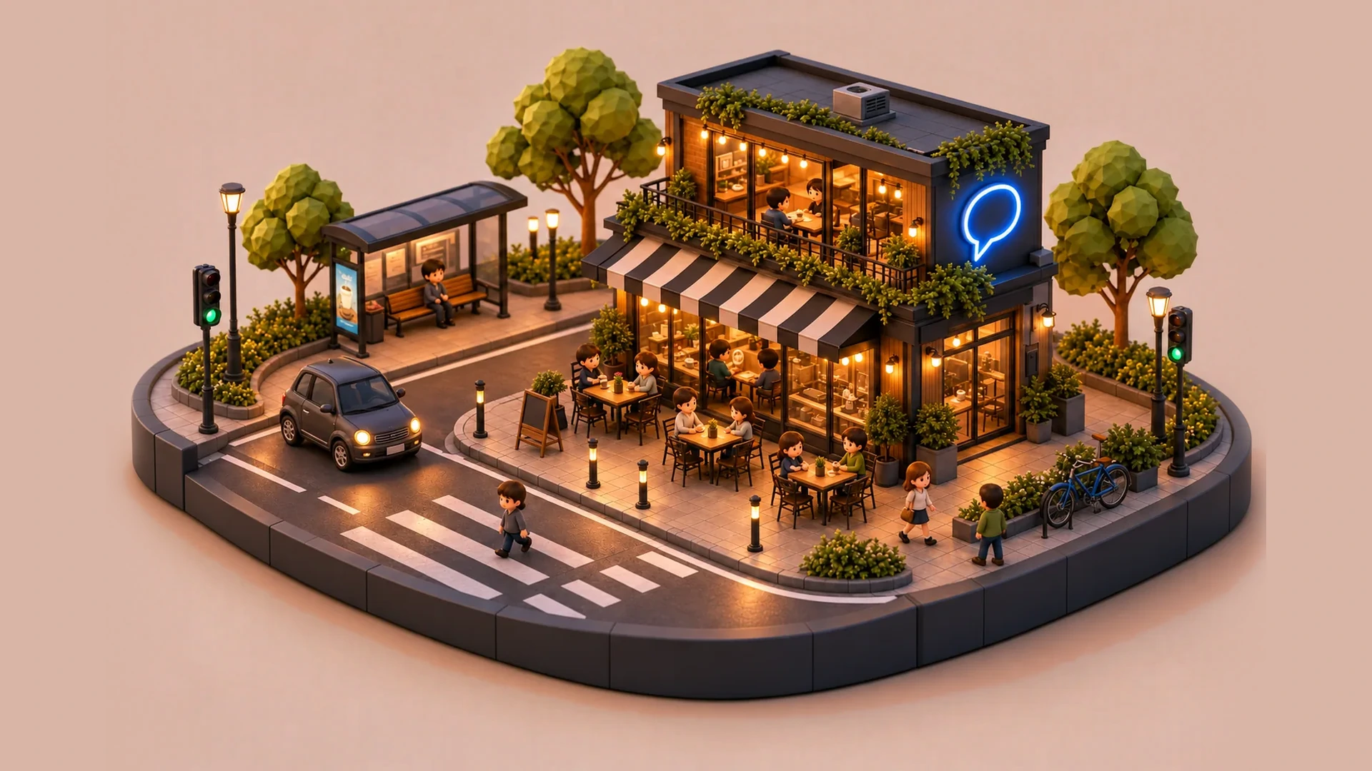 Esquina urbana en miniatura con cafetería y letrero de neón en forma de bocadillo de conversación